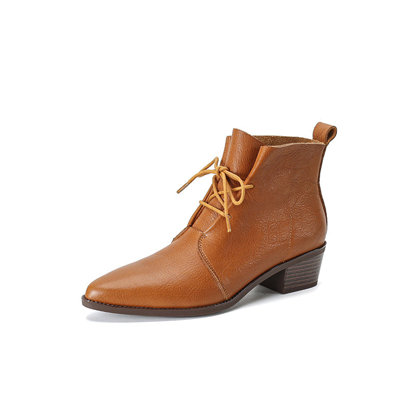 Pointed-Toe Lace Chunky Heel Cowhide Martin Boots