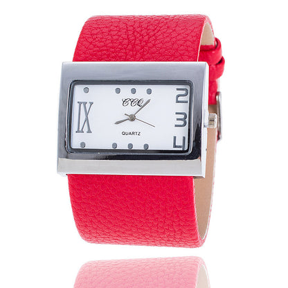 Casual Square Dial Quartz Watch with Wide Leather Band