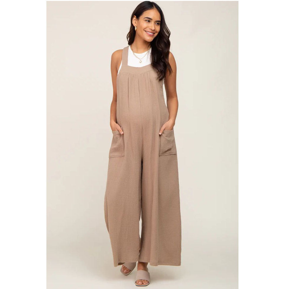 Beige Wide Leg Lace-Up Maternity Work Trousers