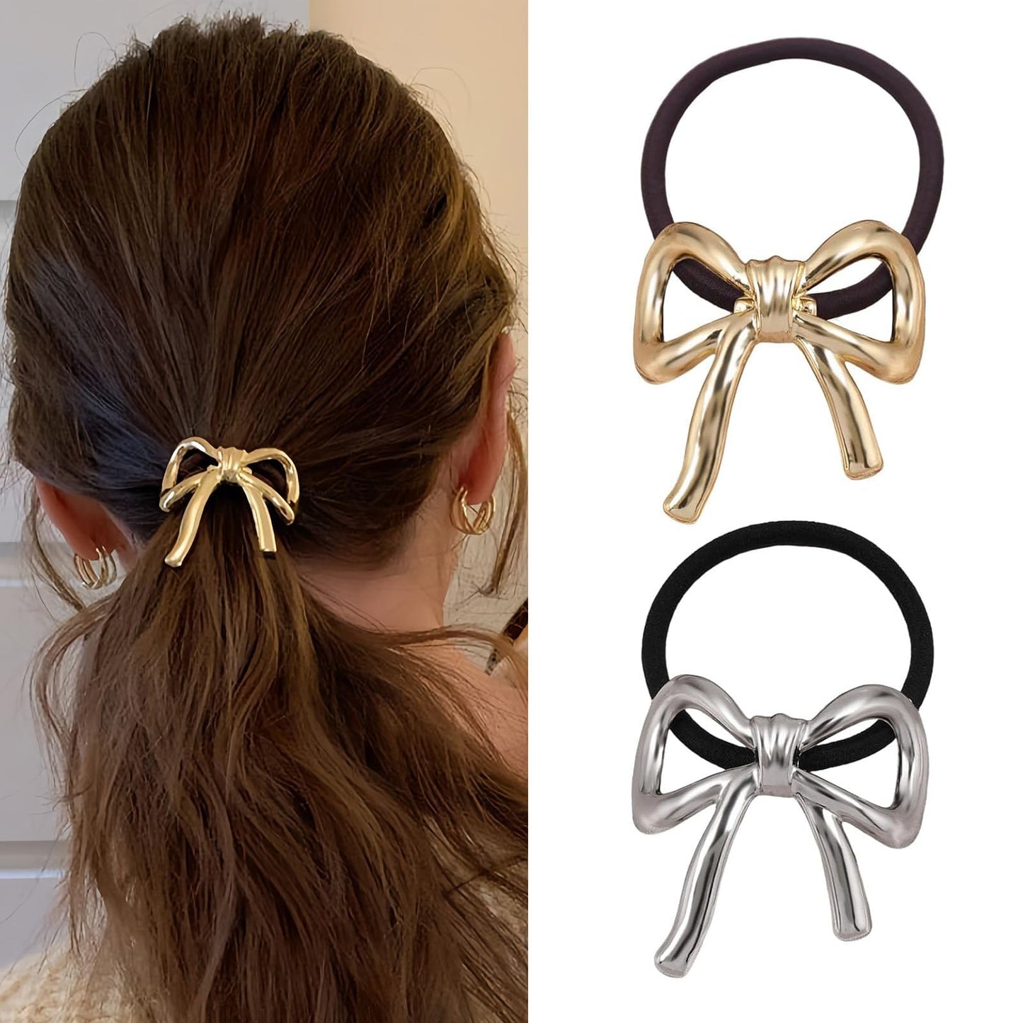 Metal Bow Hair Tie Ponytail Holder Hair Elastic Scrunchies Hair Rubber Bands Gold Ponytail Cuff Silver Metal Hair Ties Hair Accessories for Women Hair Ropes Decorative 2PCS