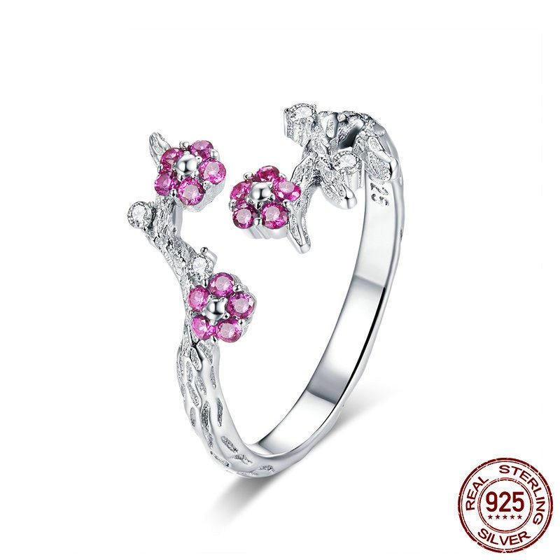 Adjustable S925 Silver Flower Ring with Purple Zircon