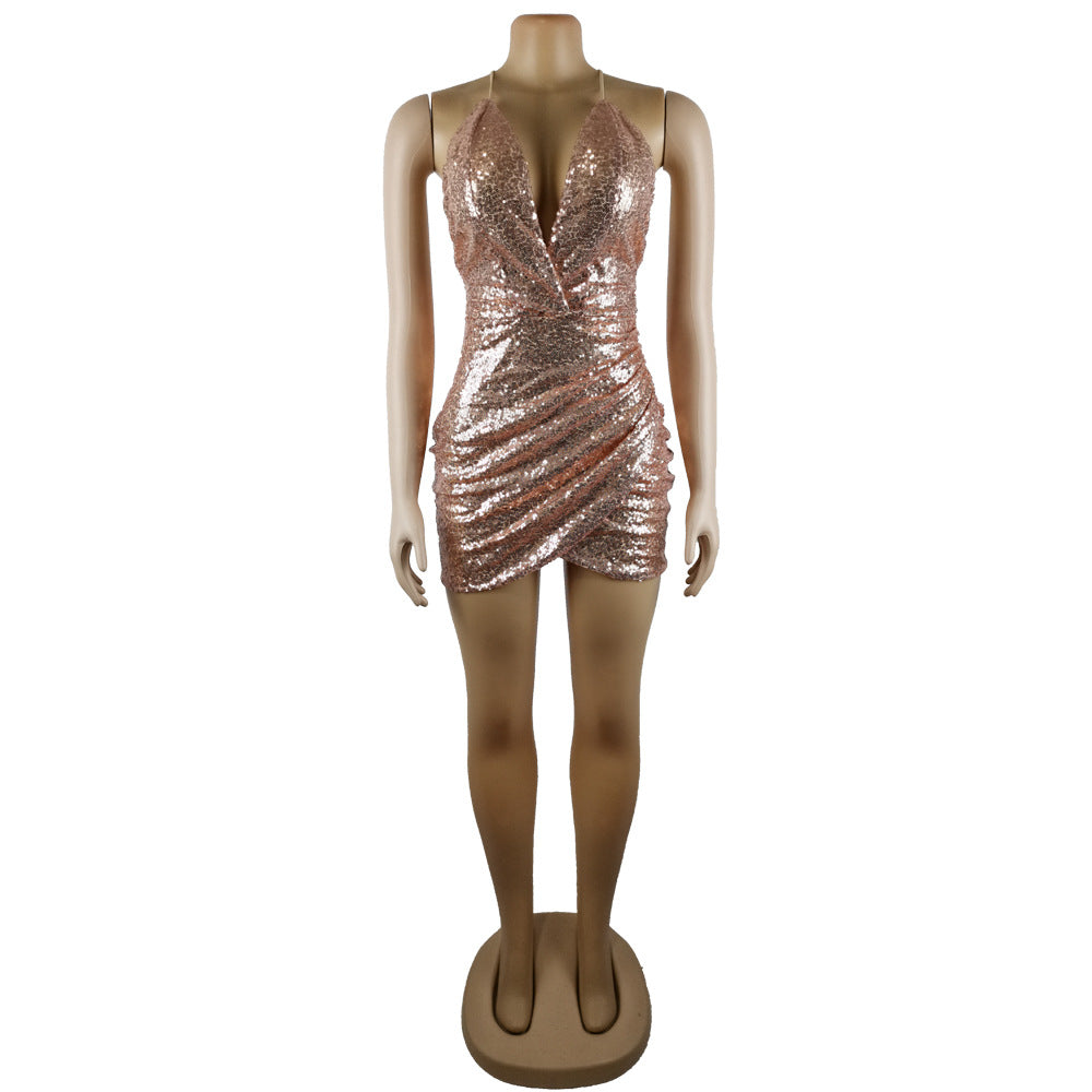 Sexy Backless Spaghetti Strap Dress with Sequins