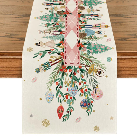 Artoid Mode Nutcracker Floral Holly Christmas Table Runner Seasonal Winter Kitchen Dining Table Decoration for Home Party Decor 13x120 Inch