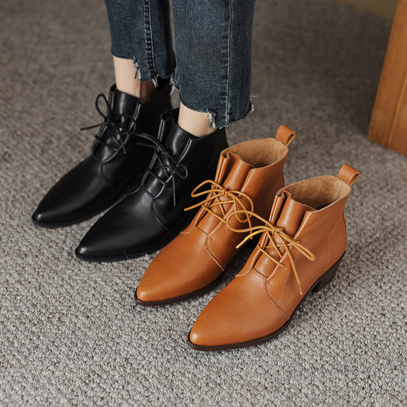 Pointed-Toe Lace Chunky Heel Cowhide Martin Boots