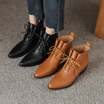 Pointed-Toe Lace Chunky Heel Cowhide Martin Boots