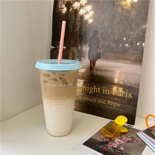 Kawaii Plastic Water Bottle with Lid and Straw