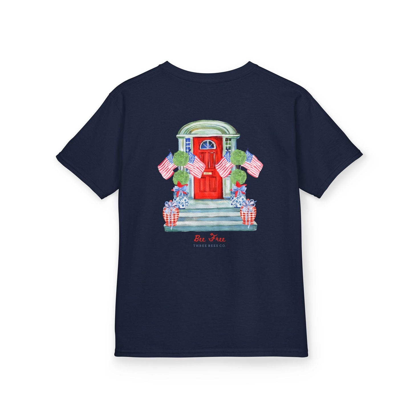 Bee Free Patriotic American Flag Front Porch Girls Short Sleeve Youth Hive Tee