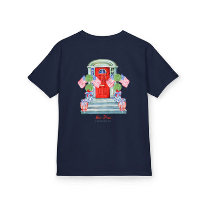 Bee Free Patriotic American Flag Front Porch Girls Short Sleeve Youth Hive Tee