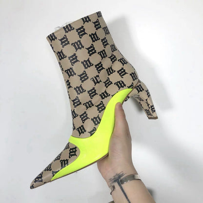 Pointed Leather Ankle Boots with Color Block Design