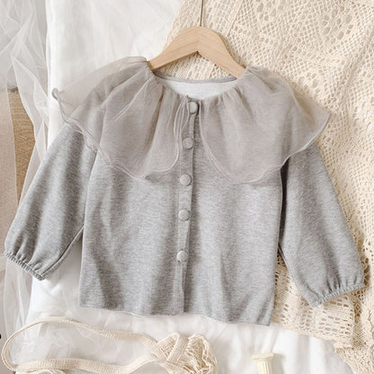 Cute Girls Cardigan Jacket with Lace Lapel for Autumn