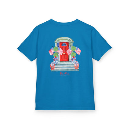 Bee Free Patriotic American Flag Front Porch Girls Short Sleeve Youth Hive Tee