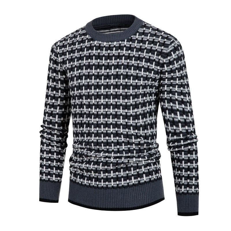 Solid Plaid Round Neck Pullover Sweater for Men