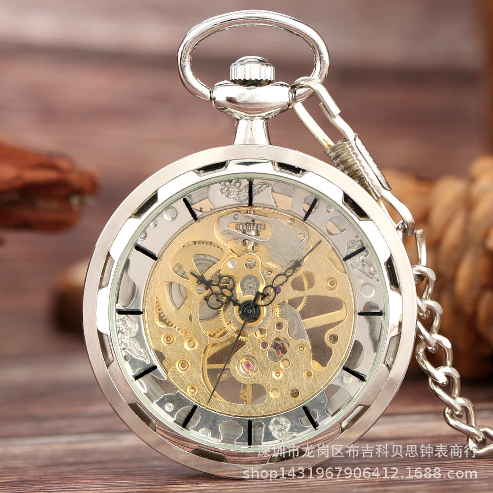 Vintage Large Transparent Skeleton Mechanical Pocket Watch