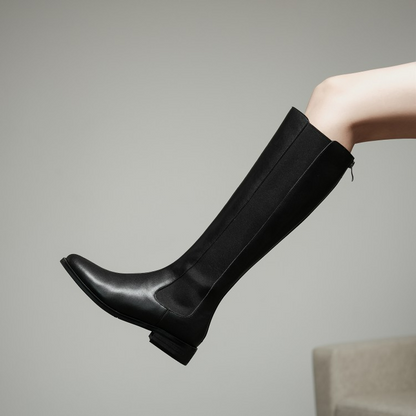 Leather High Round Toe Thick Low-heeled Brown Rider Boots