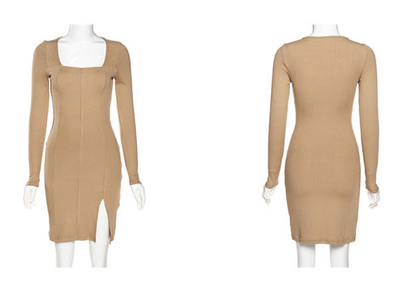European Sexy Knitted Bodycon Dress with High Slit