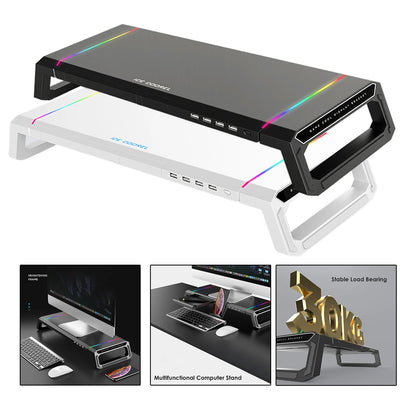 Aluminum RGB Monitor Stand Riser Bracket with 4 USB Ports Desk Organizer All-In-One Computer Laptop Height Stand Holder