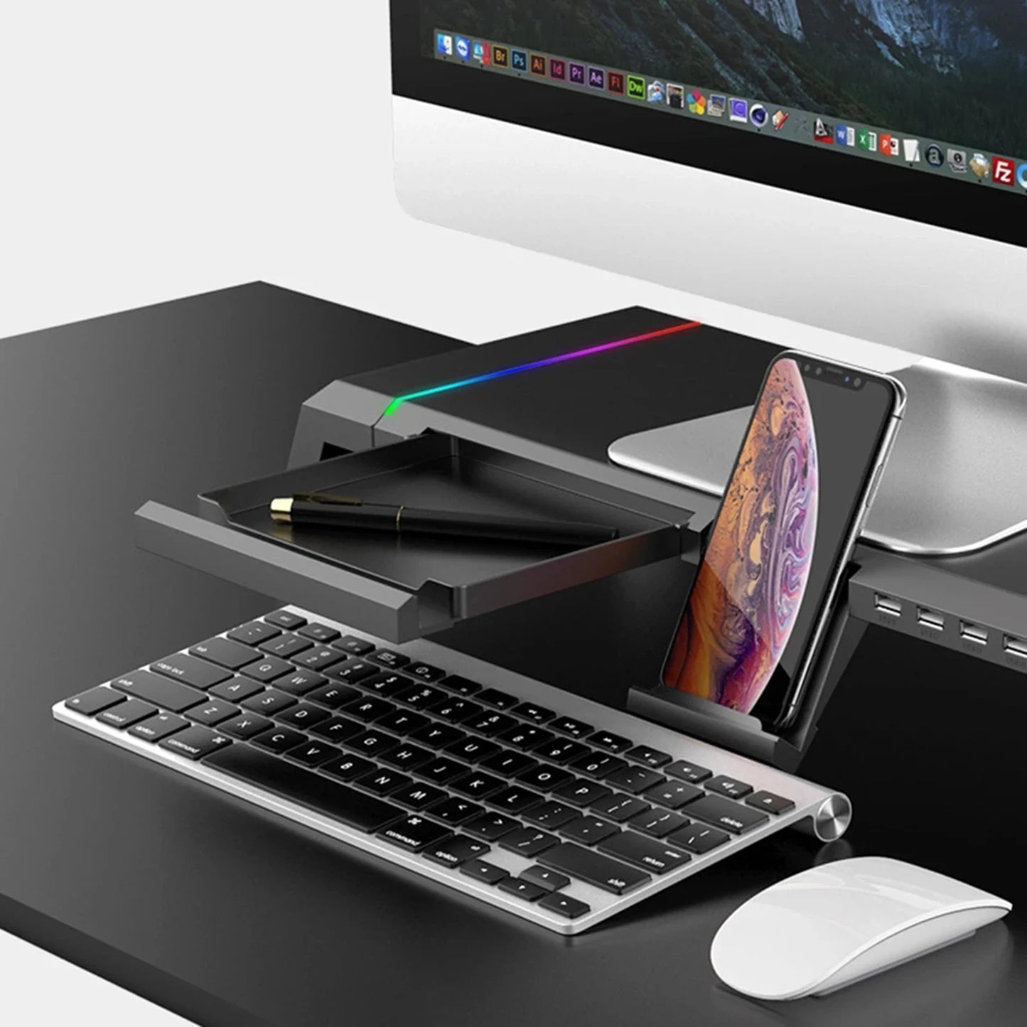Aluminum RGB Monitor Stand Riser Bracket with 4 USB Ports Desk Organizer All-In-One Computer Laptop Height Stand Holder