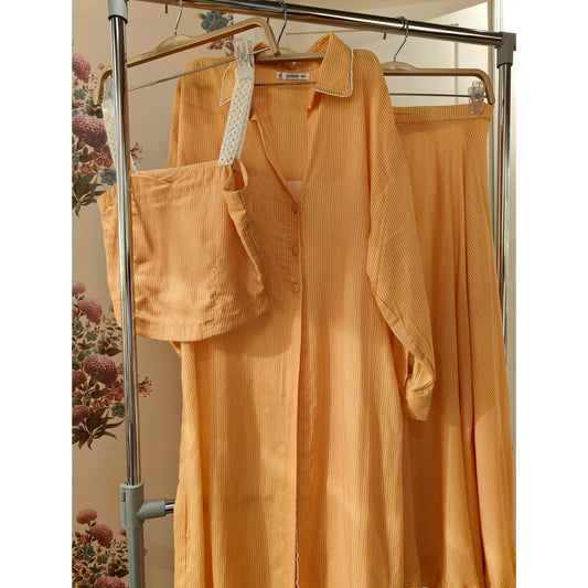 Amber Stripes Comfortable Straight Silhouette Skirt Set with Full Sleeve Long Shirt (Set of 3) Stand Neckline All Seasons