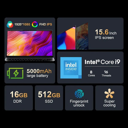 2026 New Notebook Windows 11 15.6 inch Laptop Fingerprint UnIock Intel Core i9-10980HK 16GB RAM 1/2TB SSD Office Gaming Laptops