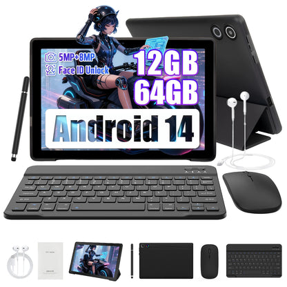 A10L 10 Inch Android 14 Tablet Face Unlock HD IPS Screen Octa-Core 12GB+64GB Protective Case Stylus Keyboard Mouse Headphones