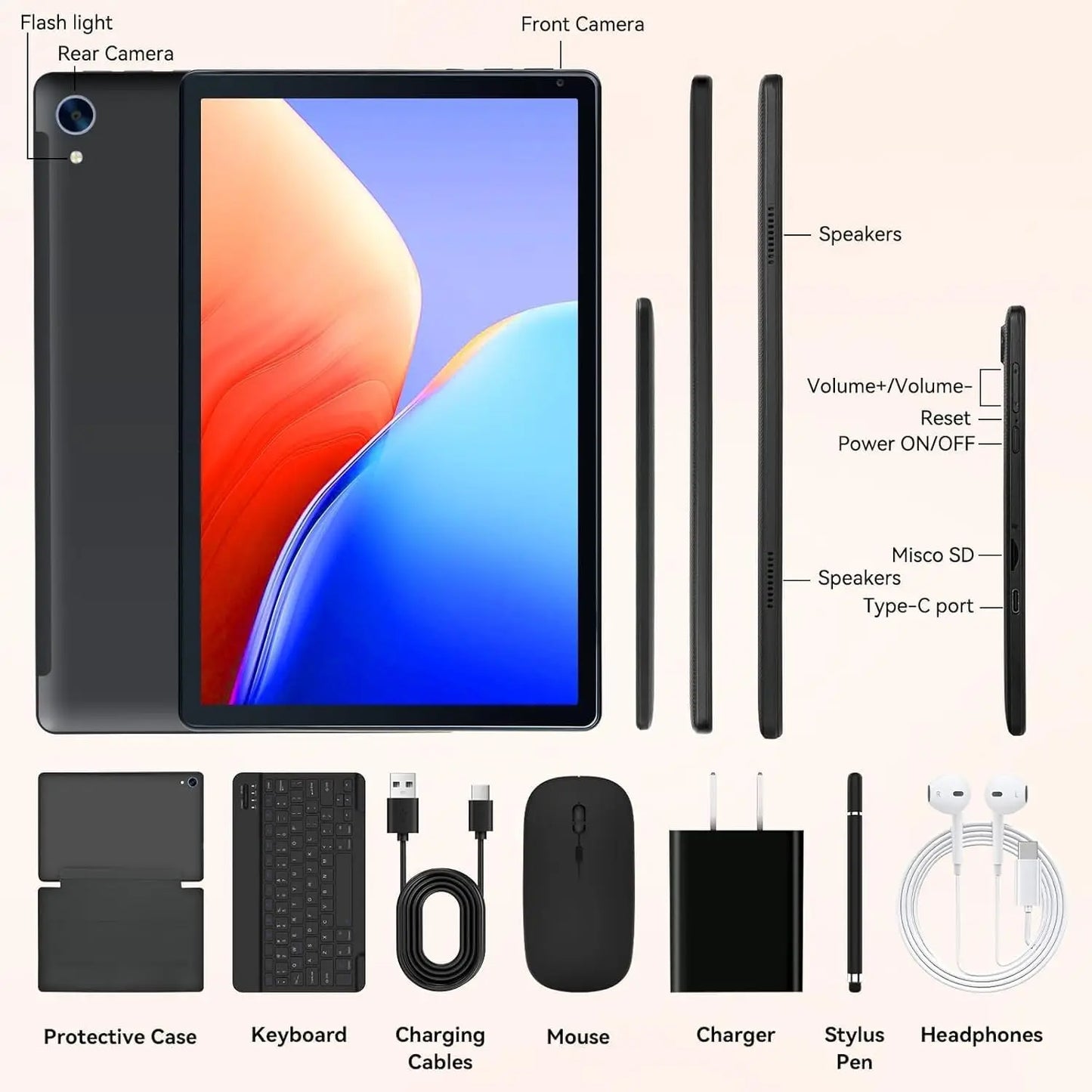10 Inch Android 15 Tablet 8 Core Tablets 24(4+20)GB+128GB 1TB Expansion WiFi6 5MP+8MP Stylus Keyboard Mouse Headphone PC PAD Set