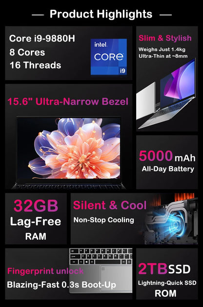 New 15.6" Laptop Intel Core i9-9880H 32GB 2TB Gaming PC Ultra Slim Office Study Computer PC Windows 11 Pro 1920*1080 HD