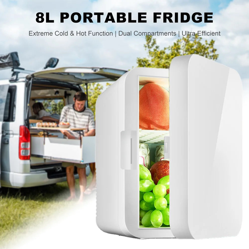 Portable Vehicle Refrigerator 8L Mini Compact Fridge Cooling Heating For Skin Care Cosmetic Beverages Drinks Office Dorm and Car