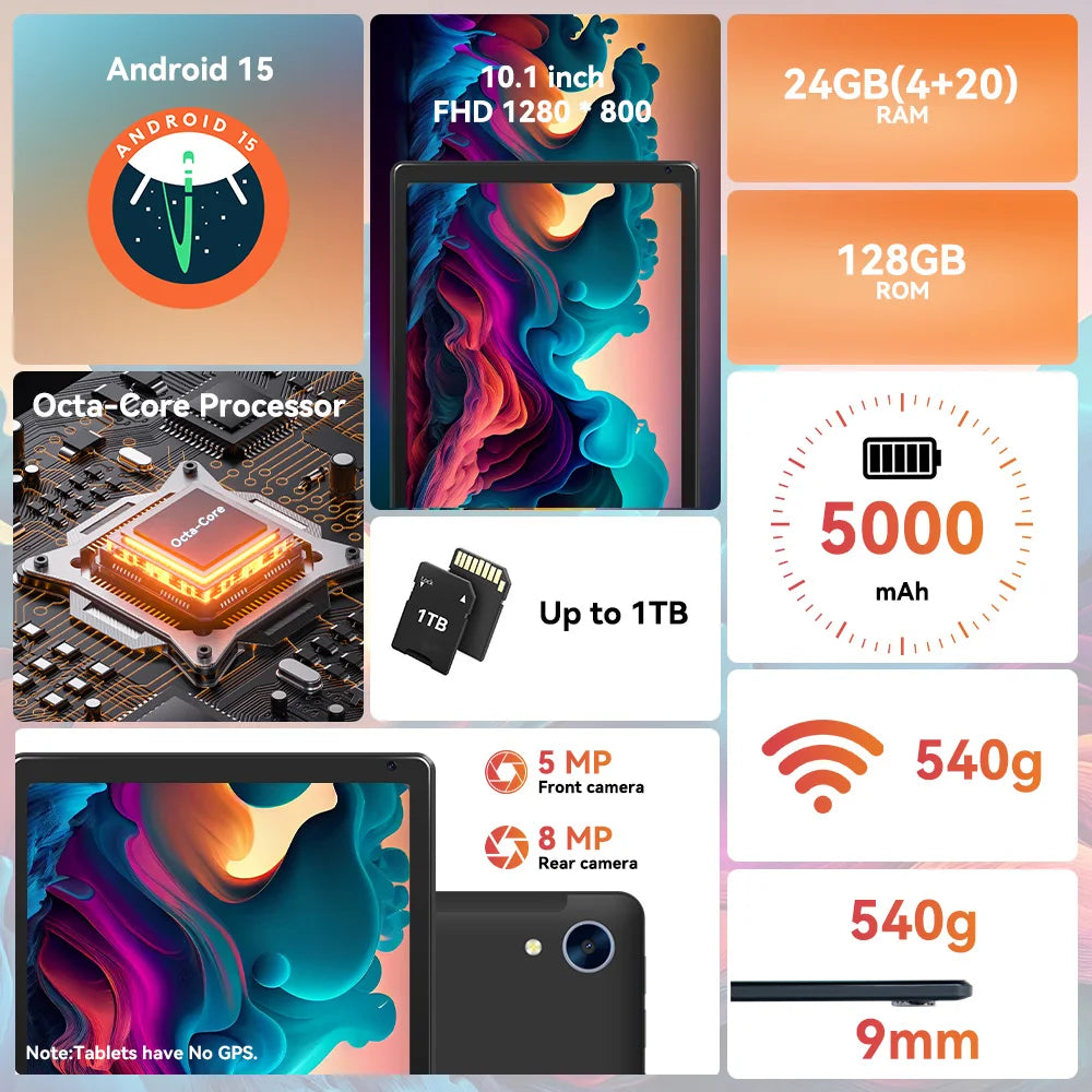 10 Inch Android 15 Tablet 8 Core Tablets 24(4+20)GB+128GB 1TB Expansion WiFi6 5MP+8MP Stylus Keyboard Mouse Headphone PC PAD Set