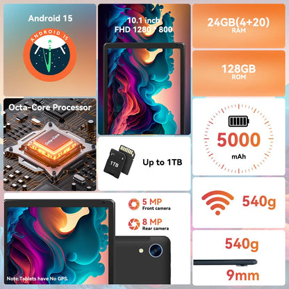 10 Inch Android 15 Tablet 8 Core Tablets 24(4+20)GB+128GB 1TB Expansion WiFi6 5MP+8MP Stylus Keyboard Mouse Headphone PC PAD Set