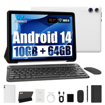 10.1 Inch Android 14 Tablet 12GB RAM 64GB ROM Widevine L1 Compatible IPS HD Screen with Protective Case Stylus Keyboard Mouse