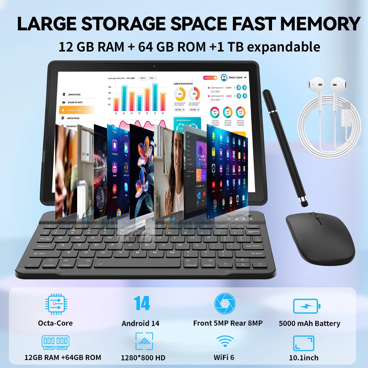 10.1 Inch Android 14 Tablet 12GB RAM 64GB ROM Widevine L1 Compatible IPS HD Screen with Protective Case Stylus Keyboard Mouse