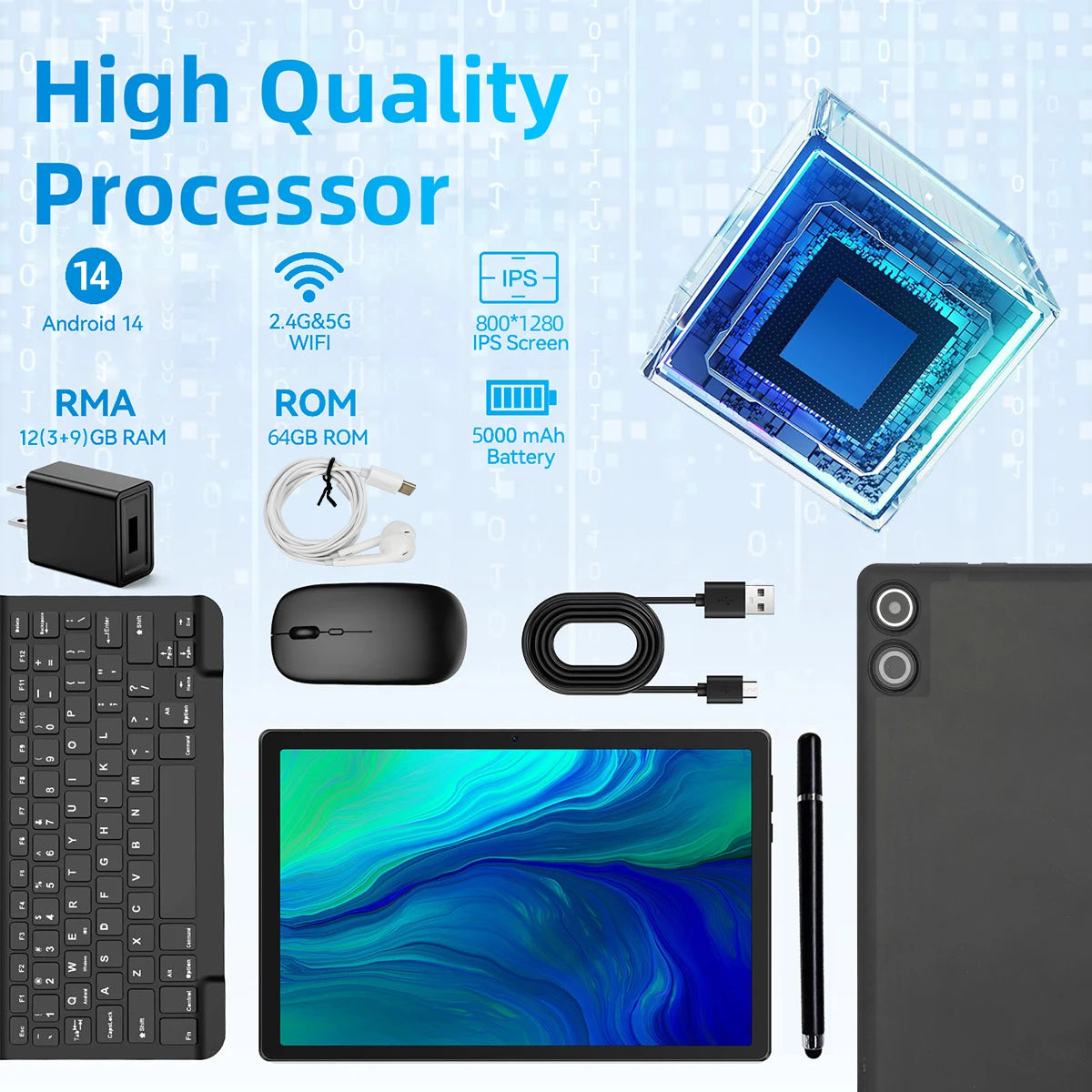 A10L 10 Inch Android 14 Tablet Face Unlock HD IPS Screen Octa-Core 12GB+64GB Protective Case Stylus Keyboard Mouse Headphones