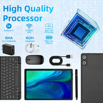 A10L 10 Inch Android 14 Tablet Face Unlock HD IPS Screen Octa-Core 12GB+64GB Protective Case Stylus Keyboard Mouse Headphones