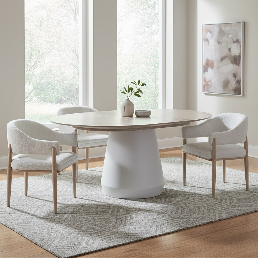 Bodhi 54-72 Round to Oval Extendable Table with 4 Barrel Chairs