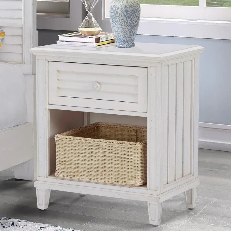 Cane Bay One Drawer White Nightstand with Basket