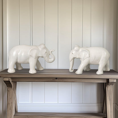 Elephant Moon White Ceramic Sculpture (Set of 2)