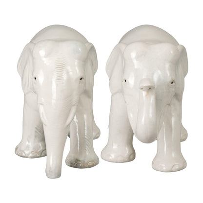 Elephant Moon White Ceramic Sculpture (Set of 2)
