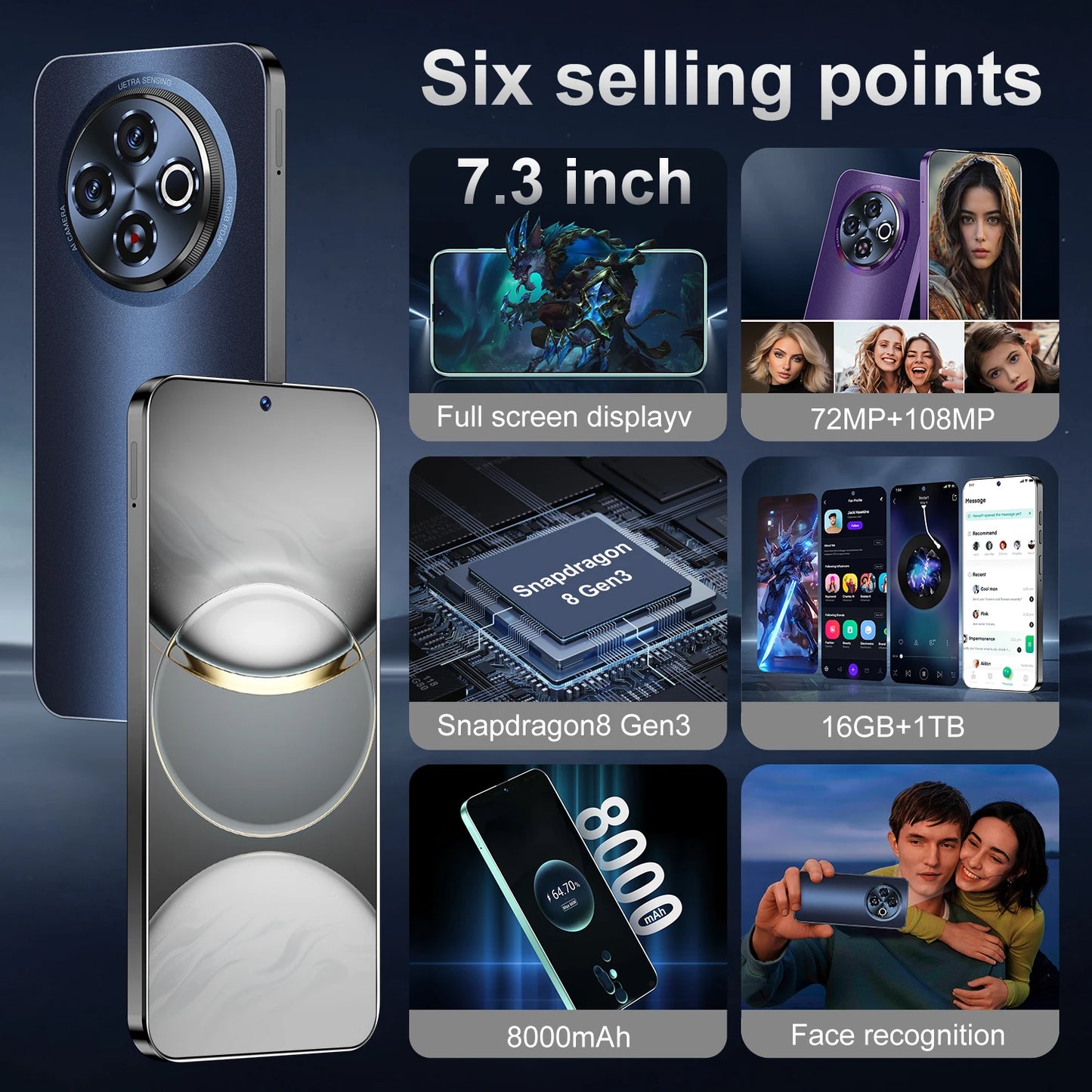 Newly Designed 30 5G Smartphone Large HD Screen 16GB +1TB Dual Card Dual Standby Decacore CPU Phones Mobile Android Gaming