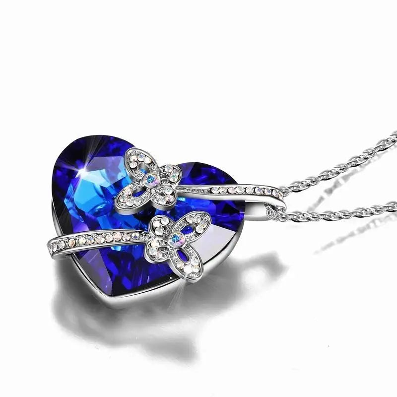 Heart Pendant Necklace for Women Exquisite Jewelry Blue Crystal Forever Love Charm Valentine's Day Gift