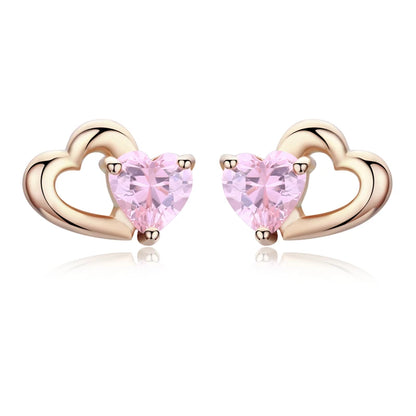 WOSTU Genuine 925 Sterling Silver Double Heart Shape Pink CZ  Romantic Stud Earrings For Women Wedding Jewelry Gift CQE090
