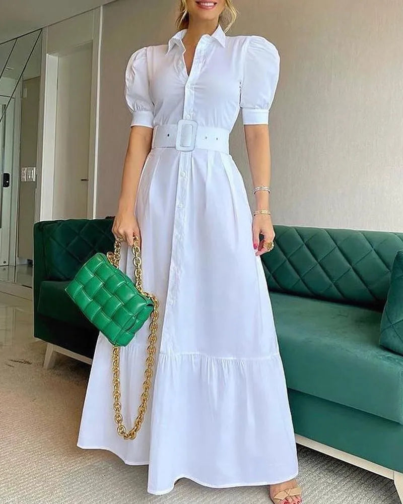 2025 European and American New Style Fashion Lapel Short Sleeved With Large Swing Whit Belt Long Dress