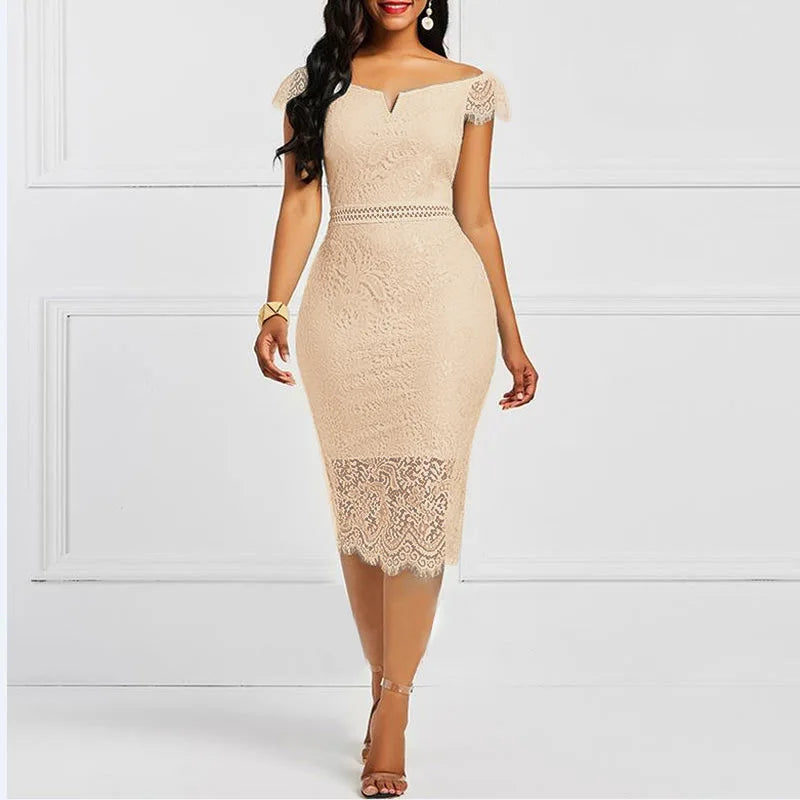 S-3XL Short Sleeve Lace Lace Dress V-neck Wrapped Hip Dress  Evening Dresses