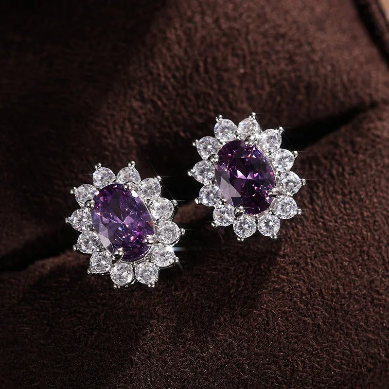Silver Plated Oval Zircon Stud Earrings Flower Design Claw Setting for Women Party Jewelry Classic Style Zinc Alloy