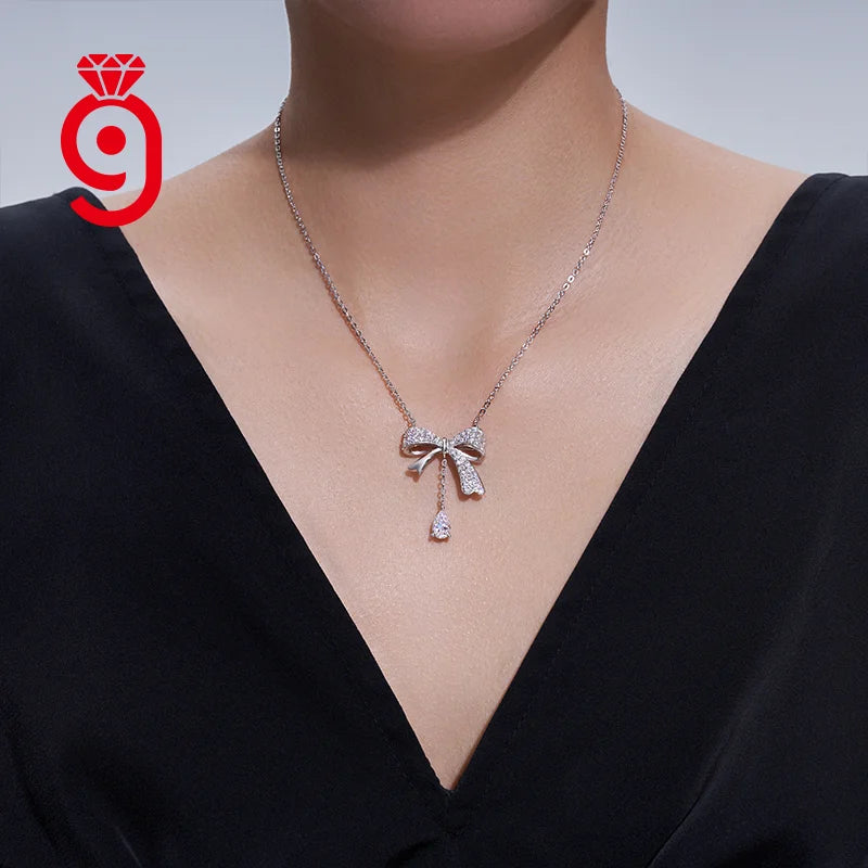Fine Jewelry  Butterfly Knot  Waterdrop Necklace  Moissanite S925  Silver  Movable Sparkling Women Party Wedding Necklace