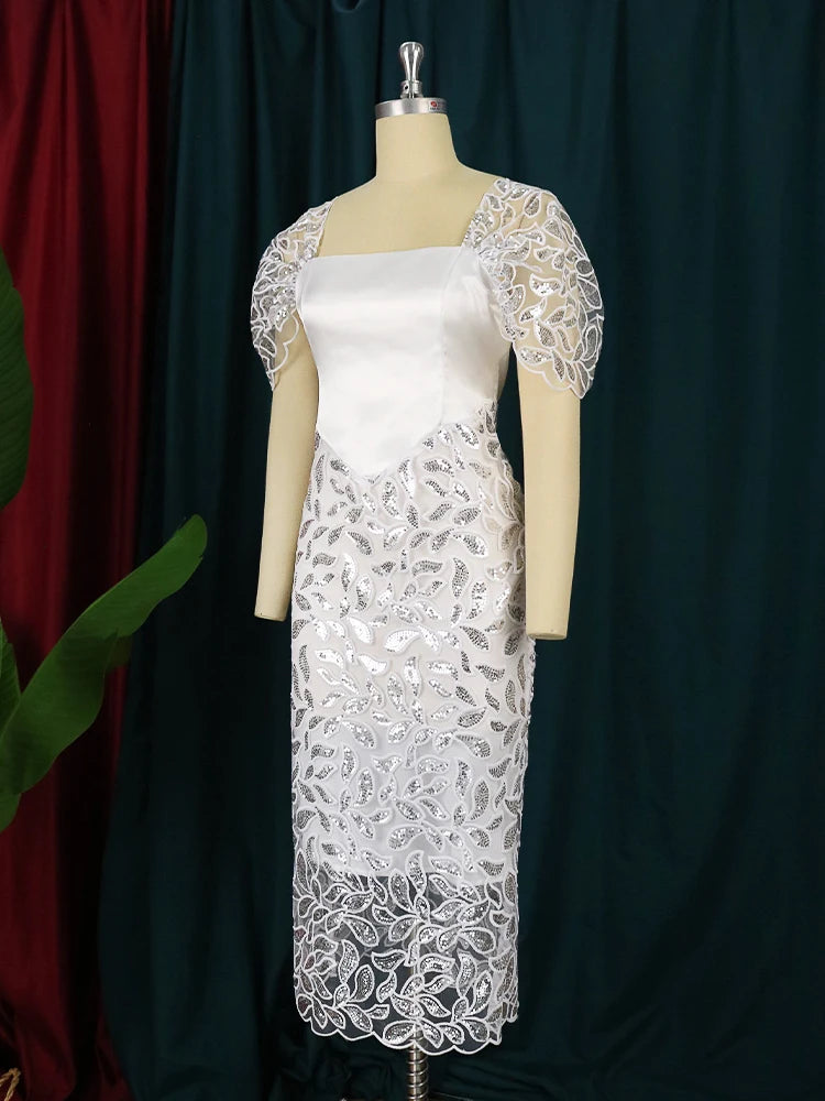 X8117 New Trends Square Neck Backless Split Dress Tulle Patchwork Elegant Women White Lace Evening Dresses