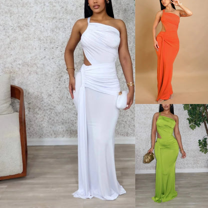 563 Chic Design Fashion Women Clothing One-shoulder Strapless Backless Dress Pleated Long Dress for Women