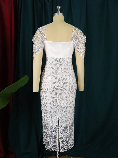 X8117 New Trends Square Neck Backless Split Dress Tulle Patchwork Elegant Women White Lace Evening Dresses