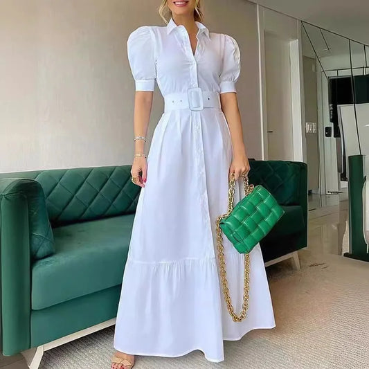 2025 European and American New Style Fashion Lapel Short Sleeved With Large Swing Whit Belt Long Dress