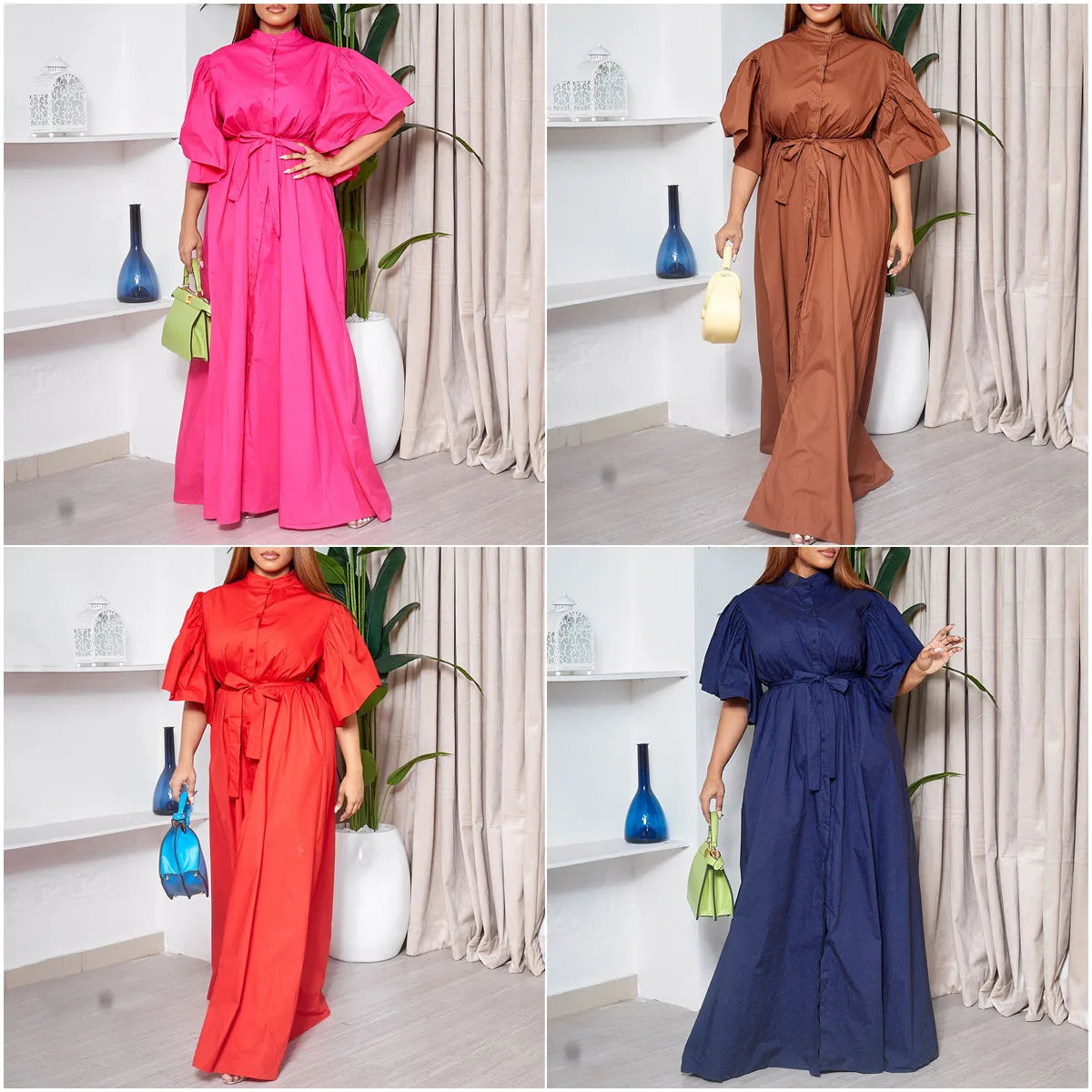 D3270 Trendy Elegant Loose Summer Dress for Women Flare Sleeves Single Breasted Long Dresses Women Casual Ladies Maxi Dress