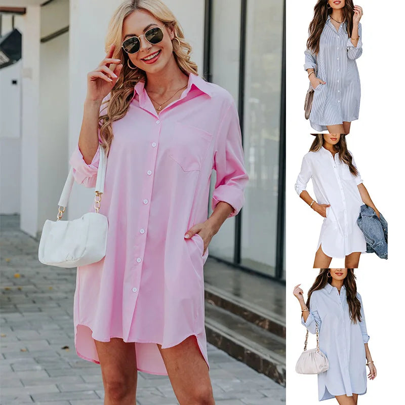 Dropshipping Women's Clothing Ladies Shirts New Long Solid Color Casual Women Temperament Long Sleeved Casual Loose Shirt Dress
